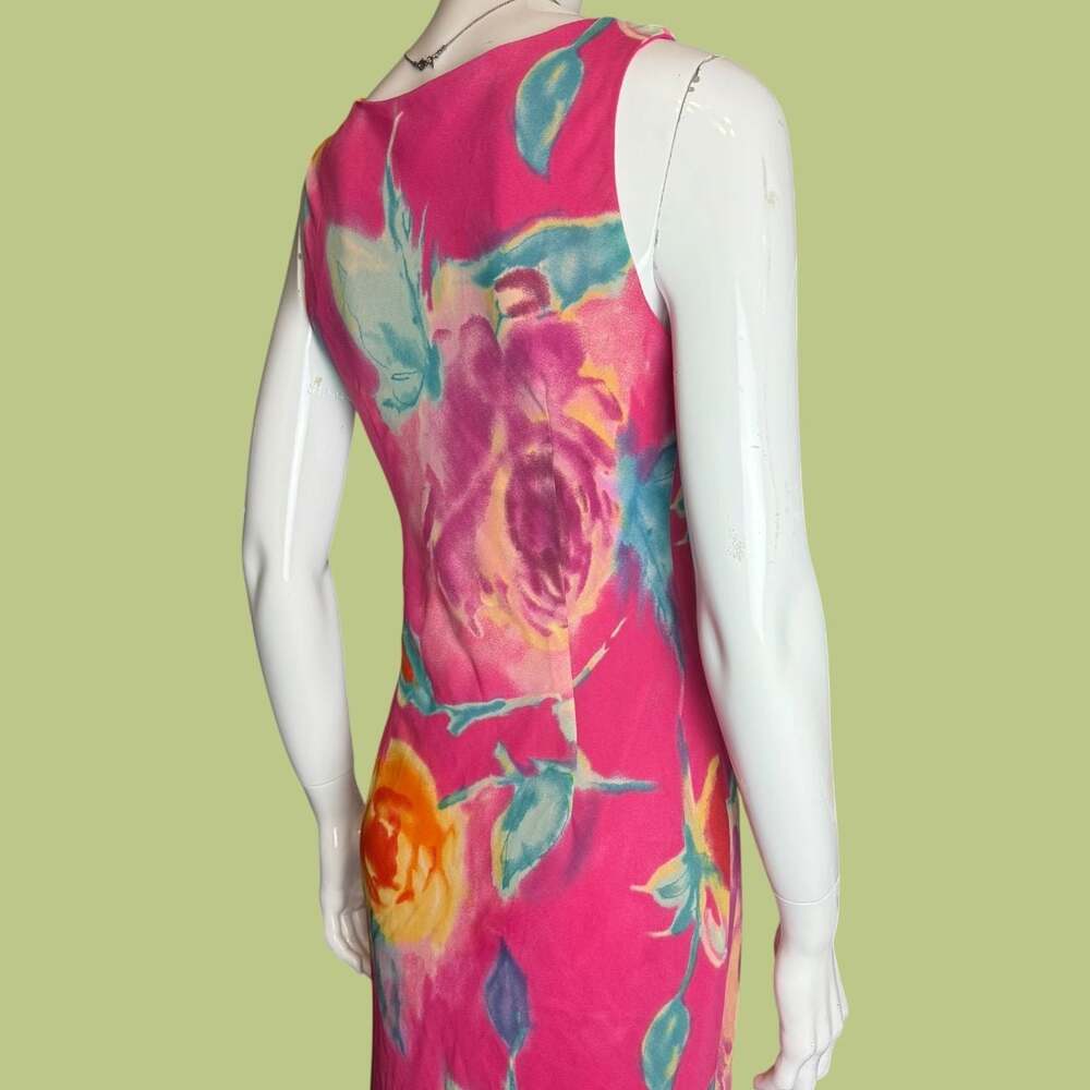 Vintage 90s Hot Pink Floral Rose Print Sleeveless Long Maxi Dress - Picture 4 of 7